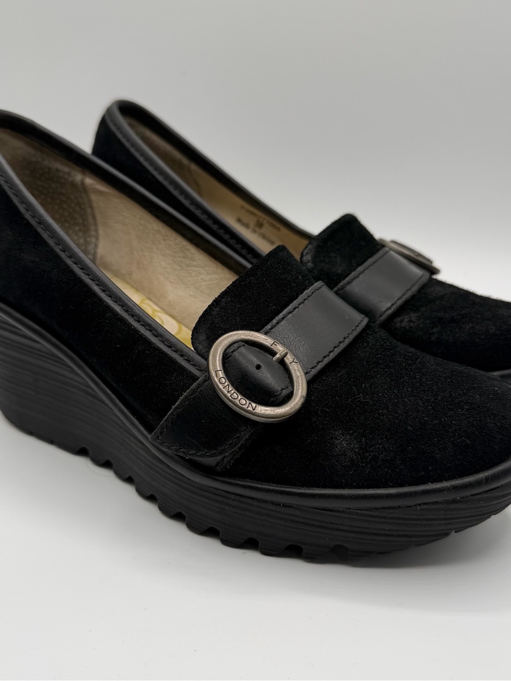 Fly London Yond Black Suede Loafer Wedges Mary Jane Shoes EU 38 US 7-7.5